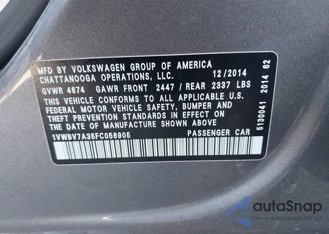 2015 Volkswagen Passat 2.0L Tdi Se z USA, uszkodzony, nr VIN 1VWBV7A35FC056905